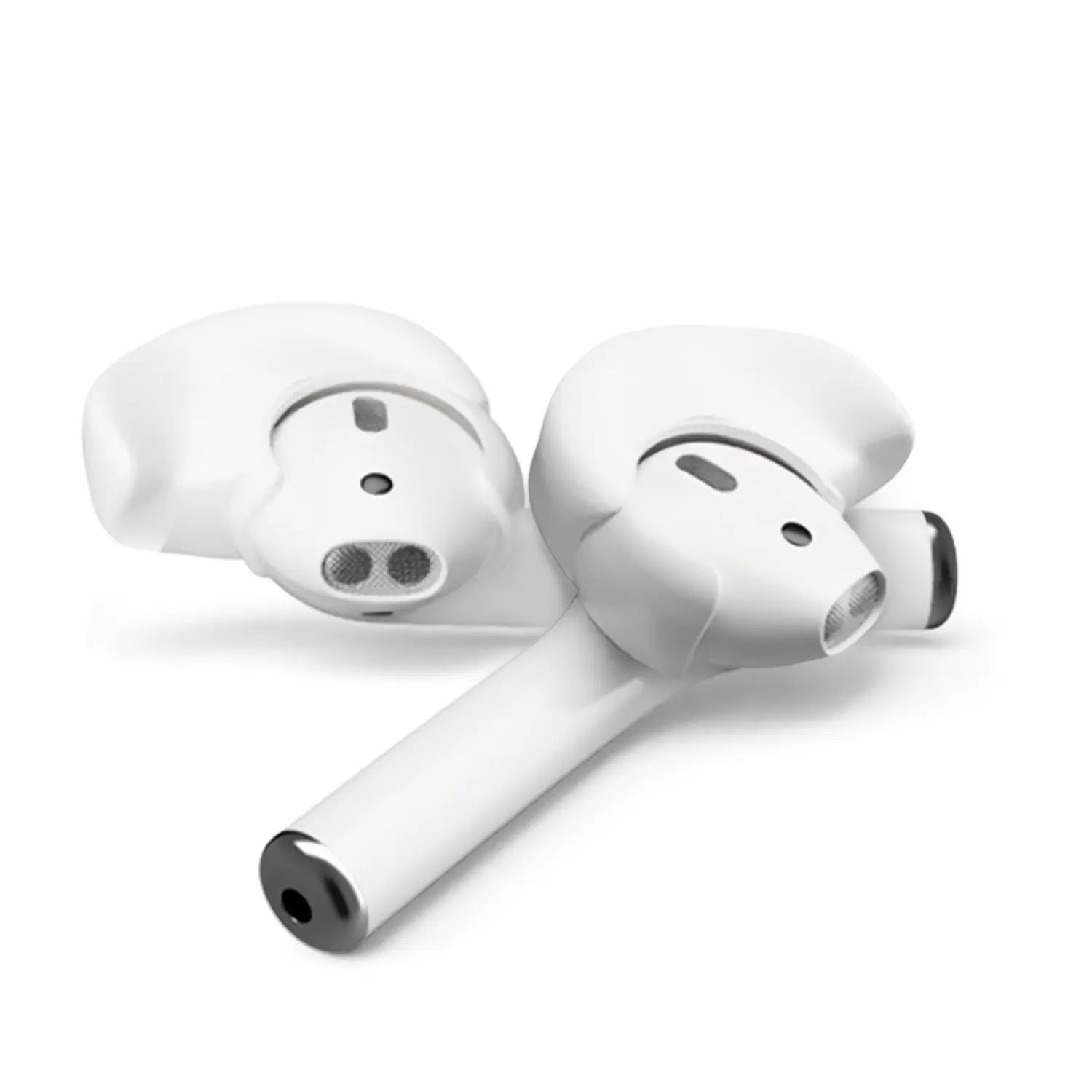 A pair of white wireless earbuds with a sleek, compact design. Featuring small, rounded tips with black and silver accents, they also include Decibullz Custom Moldable AirPods and EarPods Ear Hooks for a secure fit. AirPod and EarPod compatible, these earbuds have visible charging and sensor components on the inner surface.